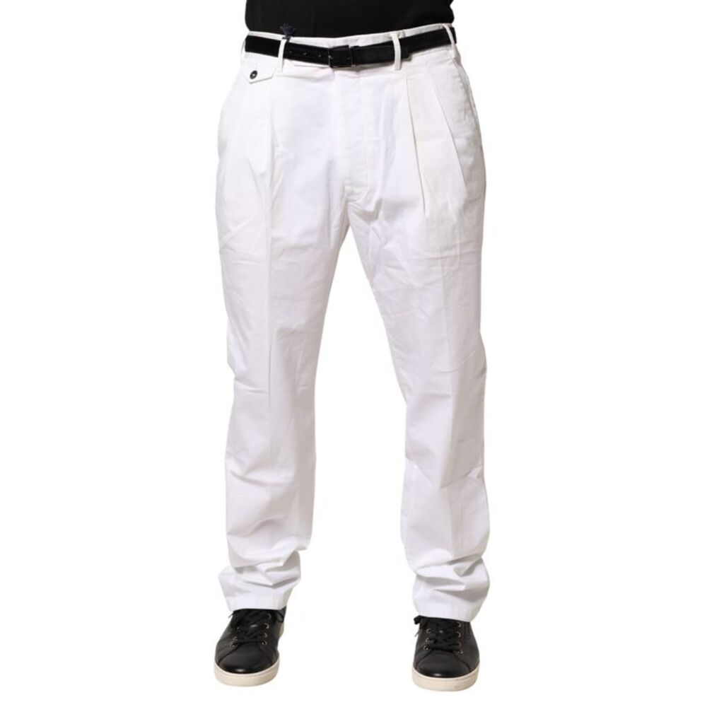 Lardini White Cotton Stretch Tapered Mid Waist Chino Men's Pants